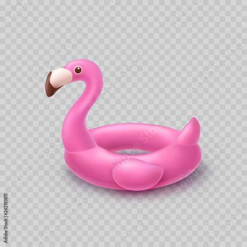 Flamingo isolated on transparent background. Pink inflatable swimming ring. Vector 3d float bird vacation icon. Summer beach or pool toy template.