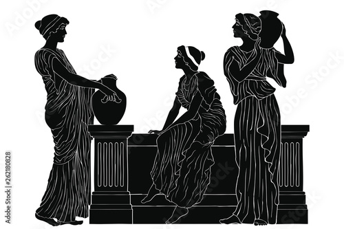 Three ancient Greek women are talking near the parapet with jugs. Antique fresco on a beige background with an aging effect.