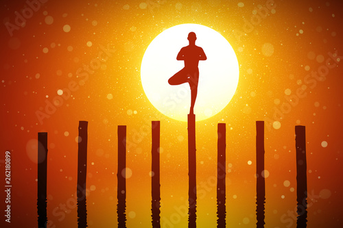 Yoga at red sunset. Vector conceptual illustration with silhouette of yogi standing on log. Summer bright landscape with setting sun and flying fluff