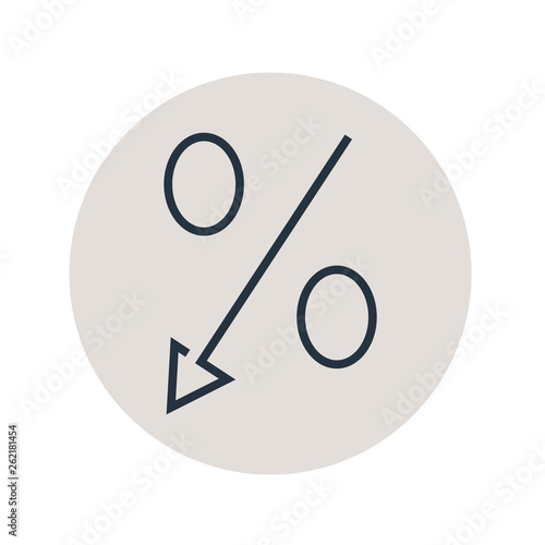 Icono plano lineal porcentaje bajar en círculo color gris