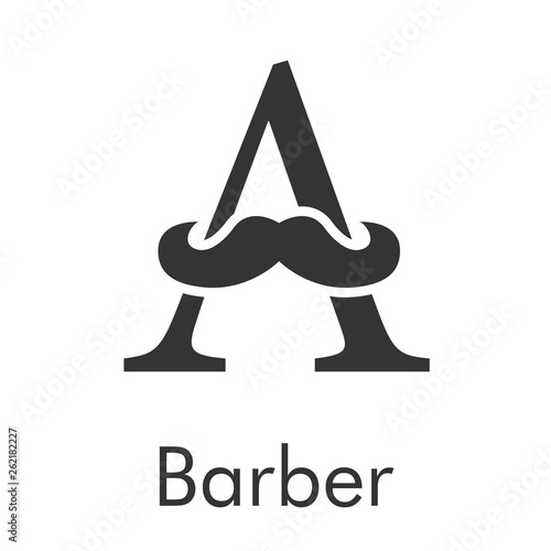 Logotipo con texto Barber con letra A con bigote en color gris