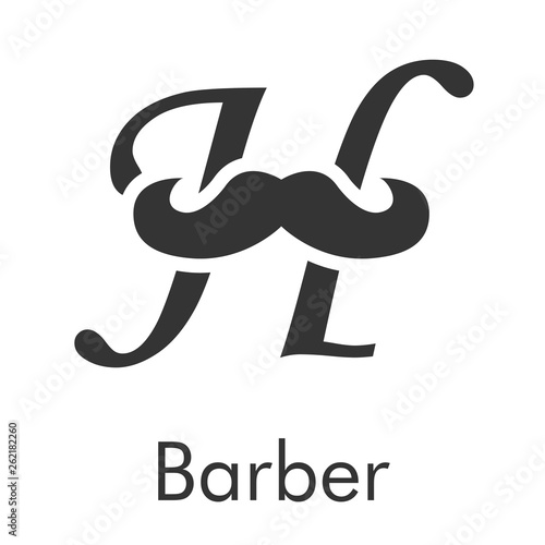 Logotipo con texto Barber con letra H cursiva con bigote en color gris