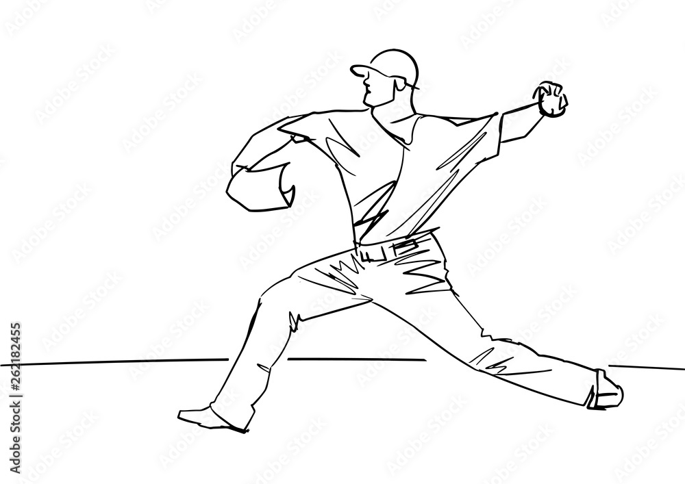 Pitcher throwing ball. Black outline. Baseball player in motion. Active