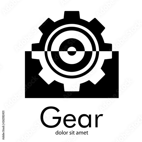 Logotipo abstracto con texto Gear con engranaje en cuadrado en espacio negativo en color negro