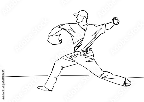 Pitcher throwing ball. Black outline. Baseball player in motion. Active pose. Abstract isolated drawing. Vector contour silhouette. Hand drawn sketch.