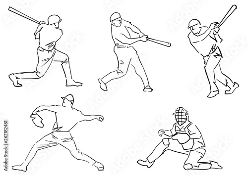 Set of baseball players: pitcher, batter, catcher. Active pose collection. Isolated countour. Black line drawing. Sketch style. Vector outlines.
