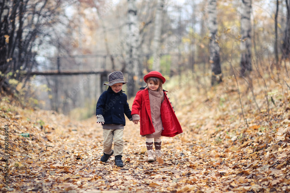 Children walk in autumn forest, kick leaves, Children walk in autumn forest, kick leaves,