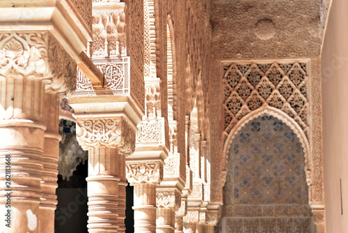 Arches and columns of Islamic styling, Courtyard of the Lions, La Alhambra, Granada, Andalucia, Spain