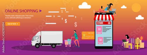 Online shopping or online store concept Landing page template or banner with tiny people and big smartphone. Flat vector illustration.