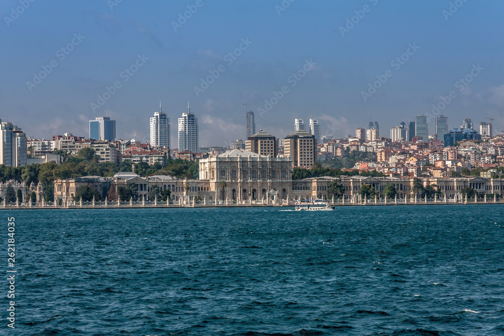 A view from the Bosphorus on the Dolmabahce Palace and Besiktas, Istanbul