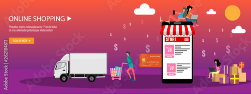Online shopping or online store concept Landing page template or banner with tiny people and big smartphone. Flat vector illustration.