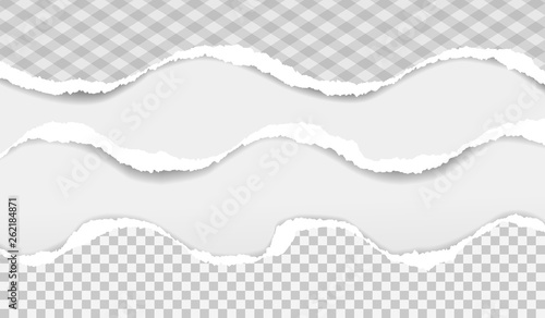 Torn squared and white wavy horizontal paper strips with soft shadow. Vector illustration background