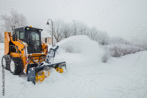 Snow removal works, snow removal machine in action