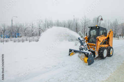 Snow removal works, snow removal machine in action