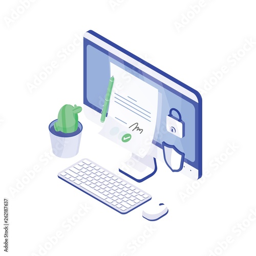 Desktop computer, paper document with signature on it, lock and shield. Electronic signature or e-signature, authenticity confirmation. Secure, safe technology. Modern isometric vector illustration.
