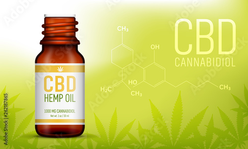 CBD oil bottle with cannabidiol structural sceletal