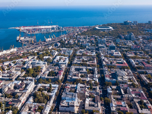 Beautiful panoramic view of the sea and part of the city of Odessa on a summer day. Aerial view from the drone