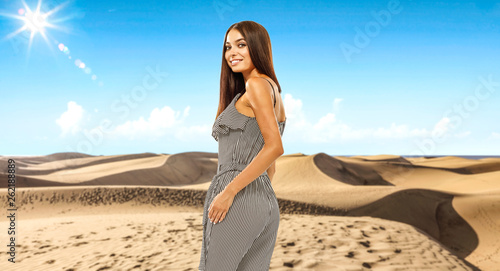 Summer time on beach and slim young woman. Free space for your decoration. 