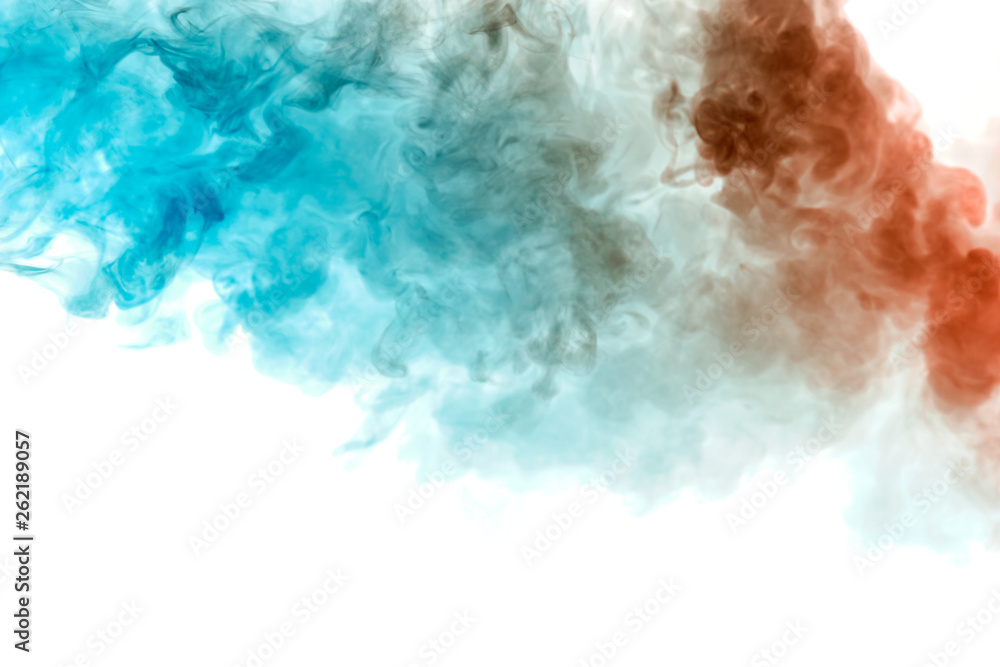 Fototapeta premium The texture of grey smoke is like a watercolor on a white background with transitions of matter between blue and red like a chemical reaction exhaled from a vape electronic cigarette. T-shirt print.