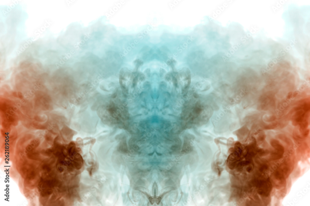 Mystical pattern of orange and blue colored smoke in the shape of a ghost's face with big eyes and an open mouth creating a feeling of fear on a white isolated background from a horror movie.