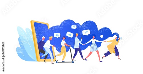 Concept of referral marketing, Refer A Friend loyalty program, promotion method. Group of people or customers holding hands and walking out of giant smartphone. Modern flat vector illustration.