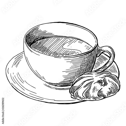 Sketch ink graphic cup of coffee with cookie illustration, draft silhouette drawing, black on white line art. Delicious vintage etching food design.