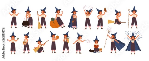 Collection of cute little witch in hat flying on broom, making magic potion in pot, reading books. Set with girl practicing witchcraft isolated on white background. Flat cartoon vector illustration.