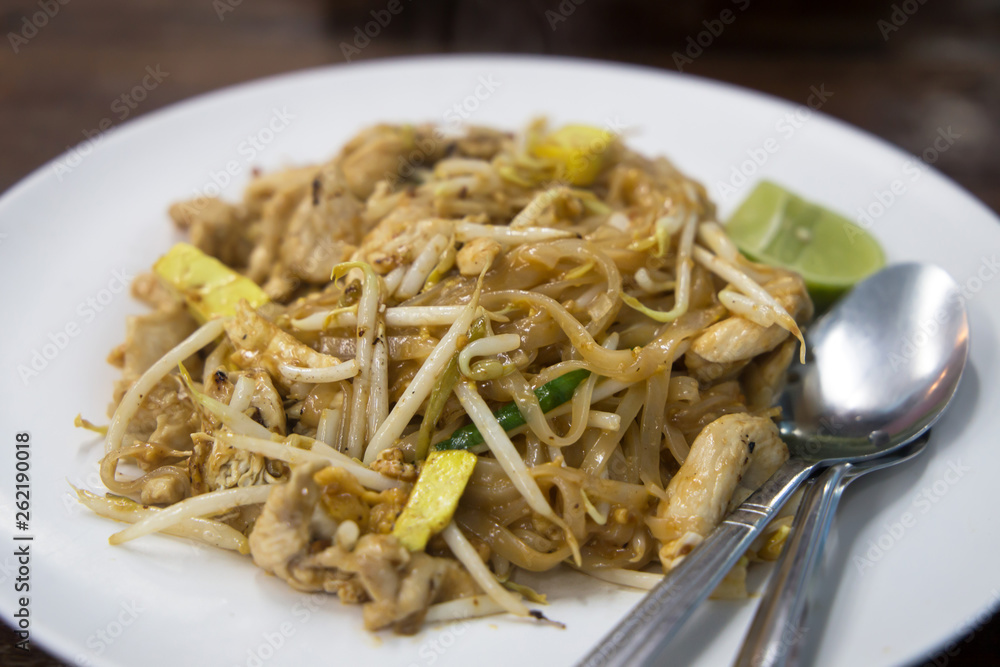 Thai Fried Noodles , Pad Thai, with chicken and vegetables