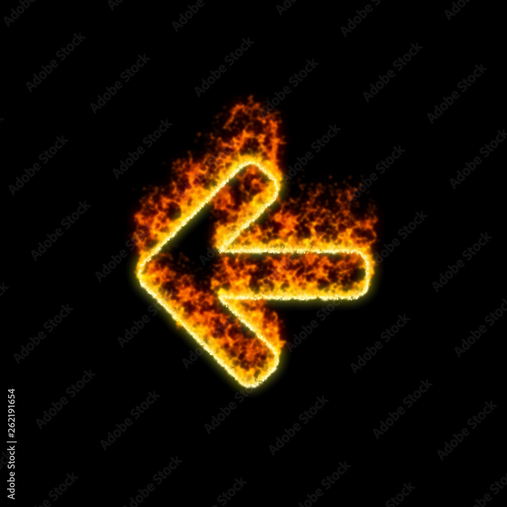 The symbol arrow left burns in red fire The symbol arrow left burns in red fire