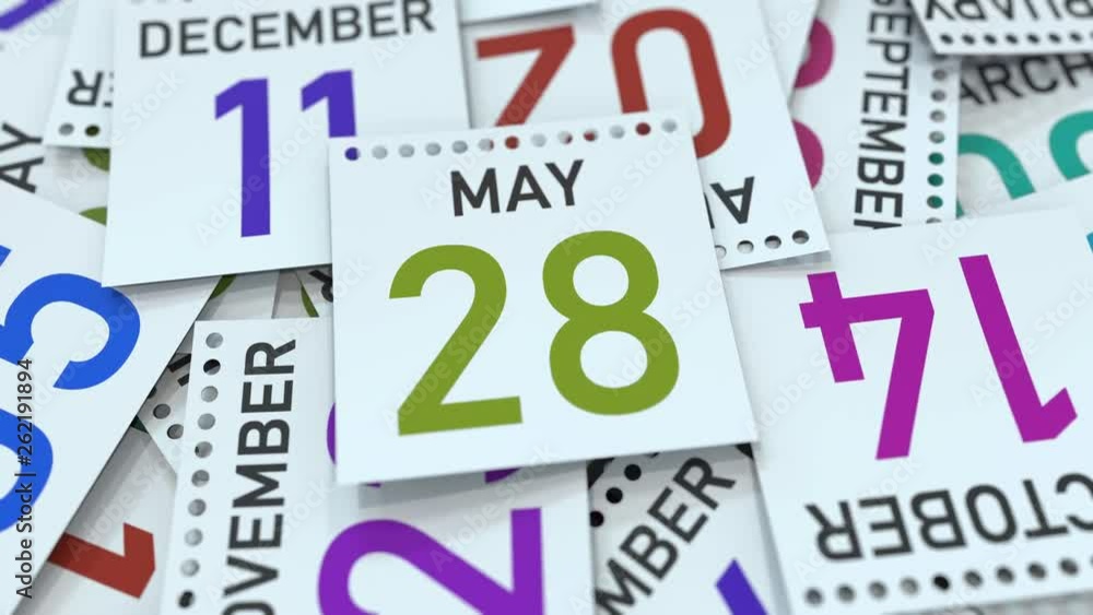 Calendar page shows May 28 date, 3D animation Calendar page shows May 28 date, 3D animation