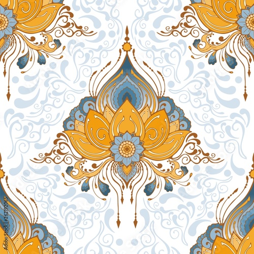 indian lotus flower vector seamless-pattern mehndi henna tattoo style yoga meditation or zen decoration background with yellow brown and blur tone