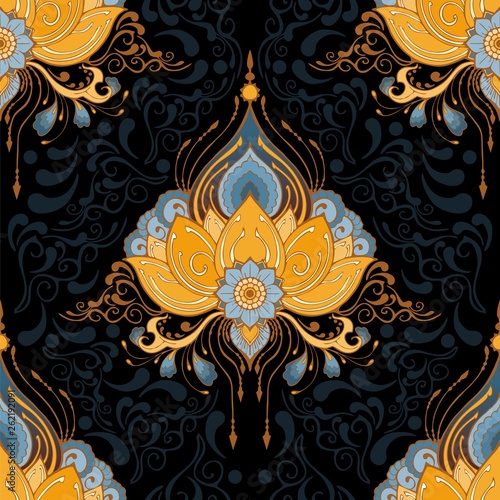 indian lotus flower vector seamless-pattern mehndi henna tattoo style yoga meditation or zen decoration background with yellow brown and blur tone