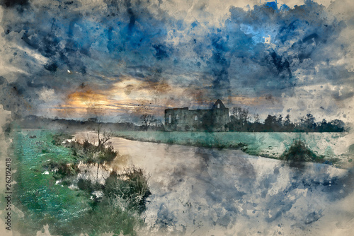 Watercolour painting of Beautiful sunrise landscape of Priory ruins in countryside location