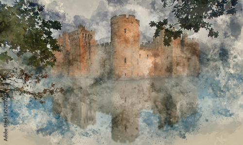 Fényképezés Watercolor painting of medieval castle at sunrise landscape