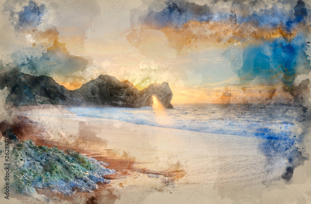 Watercolor painting of Rising sun shines through Durdle Door arch on Jurassic Coast