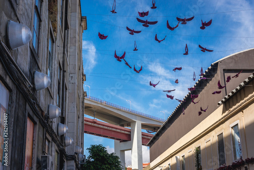 Former industrial area called LX Factory in Lisbon city, Portugal, view with Bridge of 25th April