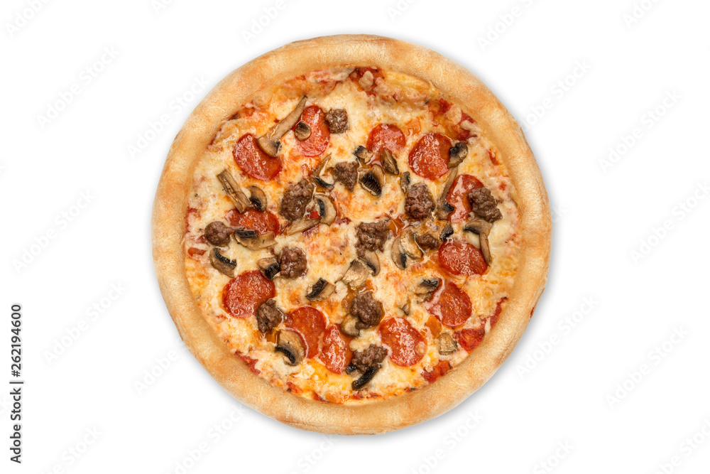 Pizza isolated on white background. Top view Pizza isolated on white background. Top view