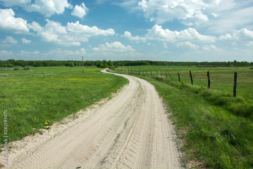 Sandy winding road through green pastures, wooden posts in the fence
