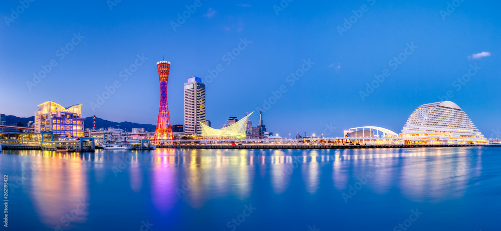 Port of Kobe skyline at night in Kansai, Japan - Panoramic view - obrazy, fototapety, plakaty 