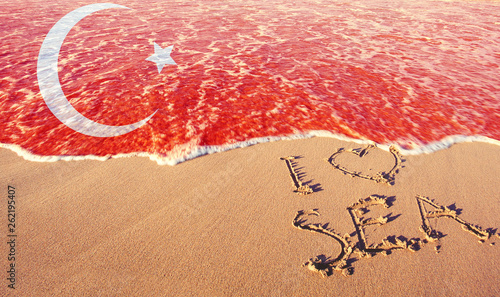Beach sand, sea and flag Turkey. I love Turkey concept