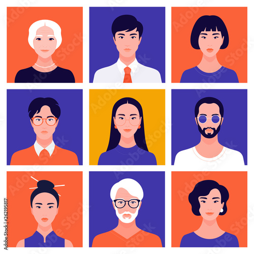 Set of portraits of oriental people of different gender and age. Avatars of women and men. Diversity. Vector flat illustration