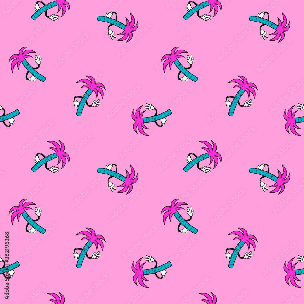 PALM TREE DUDE WITH PEACE SIGN SEAMLESS PATTERN PINK BACKGROUND PALM TREE DUDE WITH PEACE SIGN SEAMLESS PATTERN PINK BACKGROUND