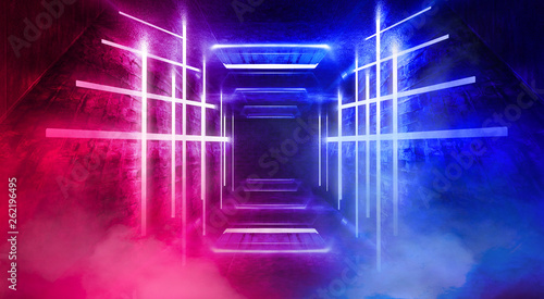 Light tunnel, dark long corridor room with neon lamps. Abstract blue and red neon, background with smoke and neon light. Concrete floor, symmetrical reflection and mirroring. 3D illustration. © MiaStendal
