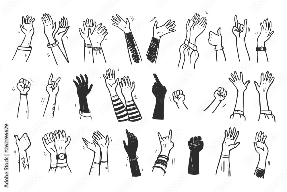 Vector collection of human hands up, gestures, thumb up, greeting, applause  so on isolated on white background. Hand drawn, flat, sketch style. For  cards, advertising, banners, invitations, tags etc. Stock Vector