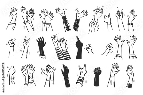 Vector collection of human hands up, gestures, thumb up, greeting, applause so on isolated on white background. Hand drawn, flat, sketch style. For cards, advertising, banners, invitations, tags etc.
