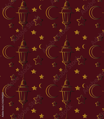 Illustrations on the theme of the Muslim holiday Ramadan. In the image, elements such as stars, moon, lamp are used. You can use this image for postcards, greeting cards, flyers, covers and posters.