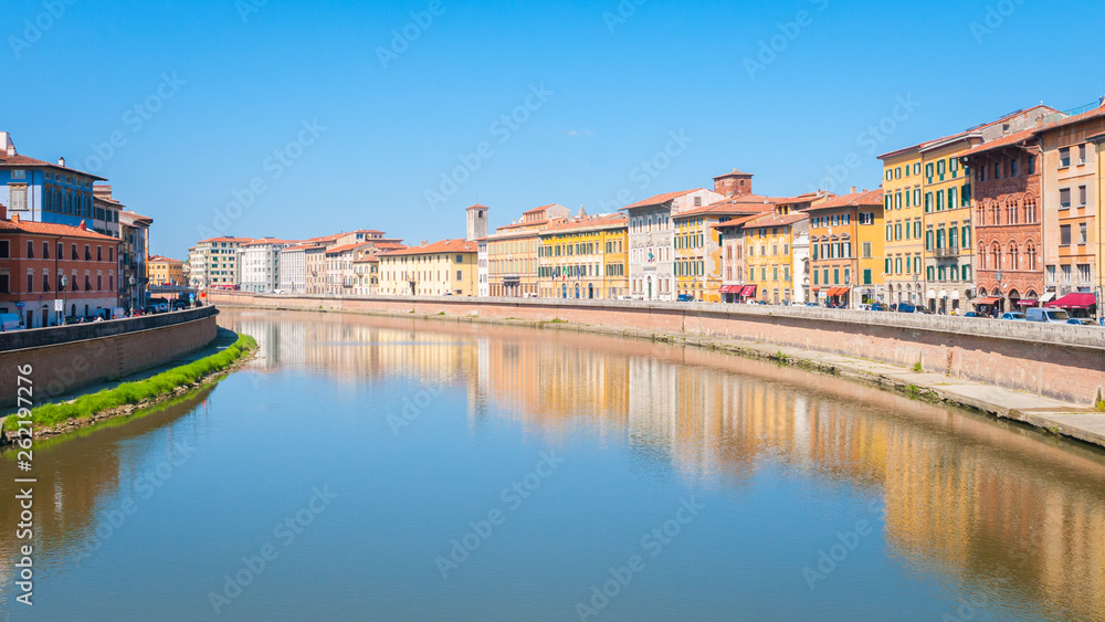 Pisa: landscape view of Lungarno from the Ponte di mezzo bridge