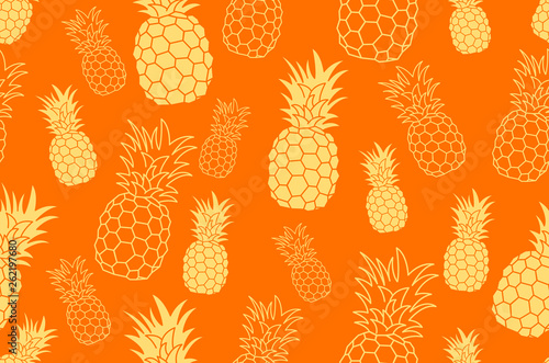 Pineapple seamless orange pattern, hand drawn. Textile print for apparel. yellow Realistic handmade line ananas. vector illustration isolated on white background.