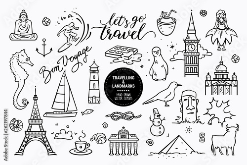 European sights, landmarks all around the world, travel icons, marine cruise icons. Vector collection of hand drawn doodle style clipart illustration places of interest isolated on white background.