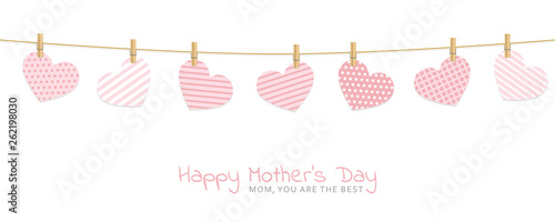 mothers day greeting card with patterned hearts hang on a rope with clothespins vector illustration EPS10